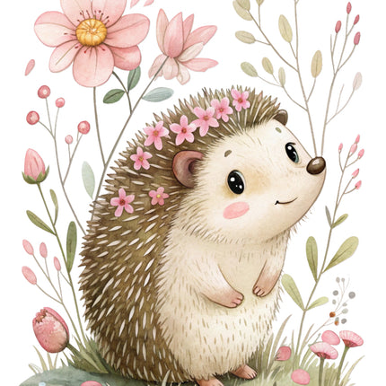 hedgehog surrounded by flowers and plants fabric panel