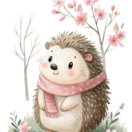 hedgehog wearing a pink scarf with flowers quilt block