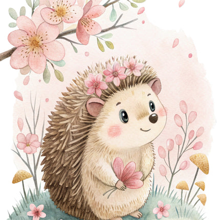 Illustration of a hedgehog holding a pink flower quilt block
