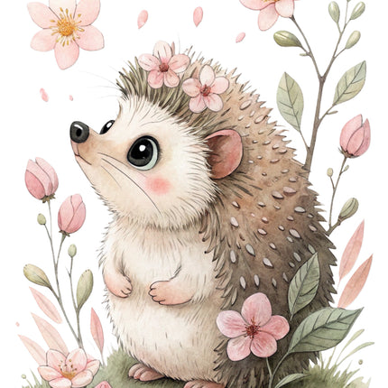 hedgehog surrounded by flowers and leaves fabric panel