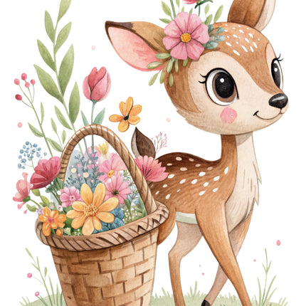 deer with a basket of flowers fabric panel