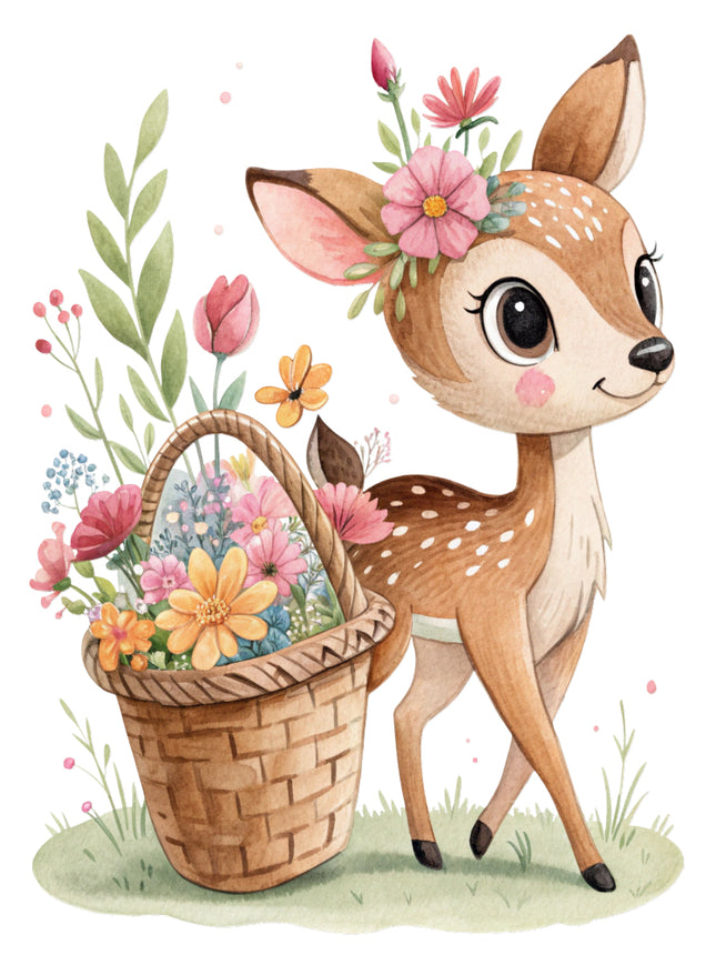 deer with a basket of flowers fabric panel