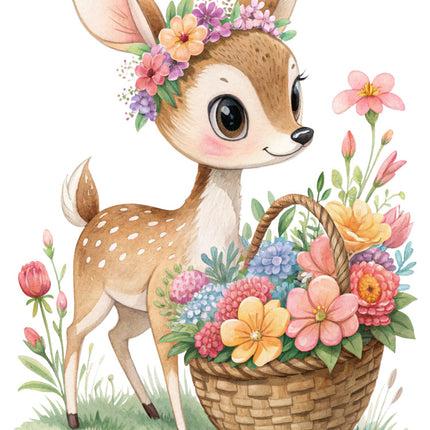 deer with a basket of flowers fabric panel