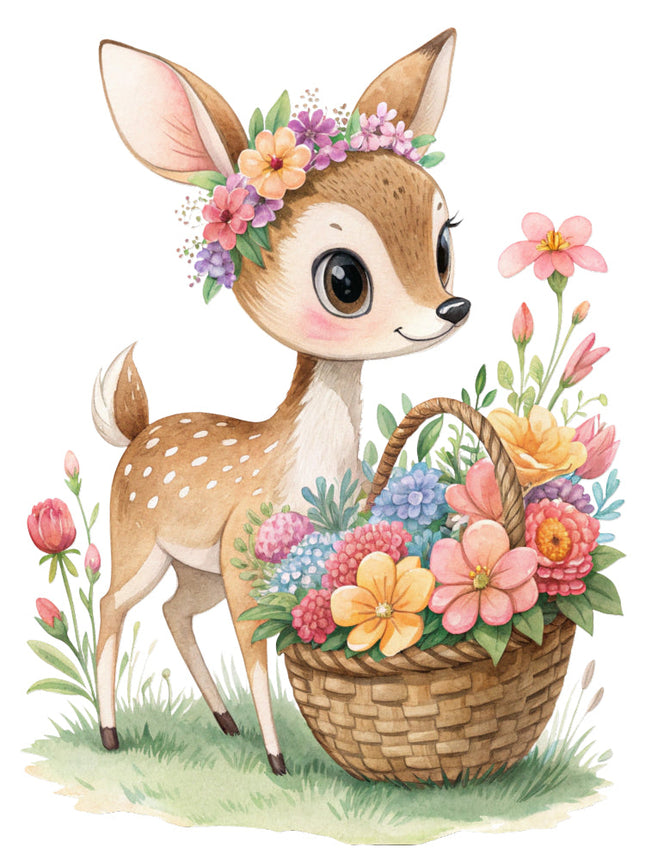 deer with a basket of flowers fabric panel