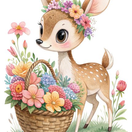 Deer with a flower crown and basket of flowers quilt block