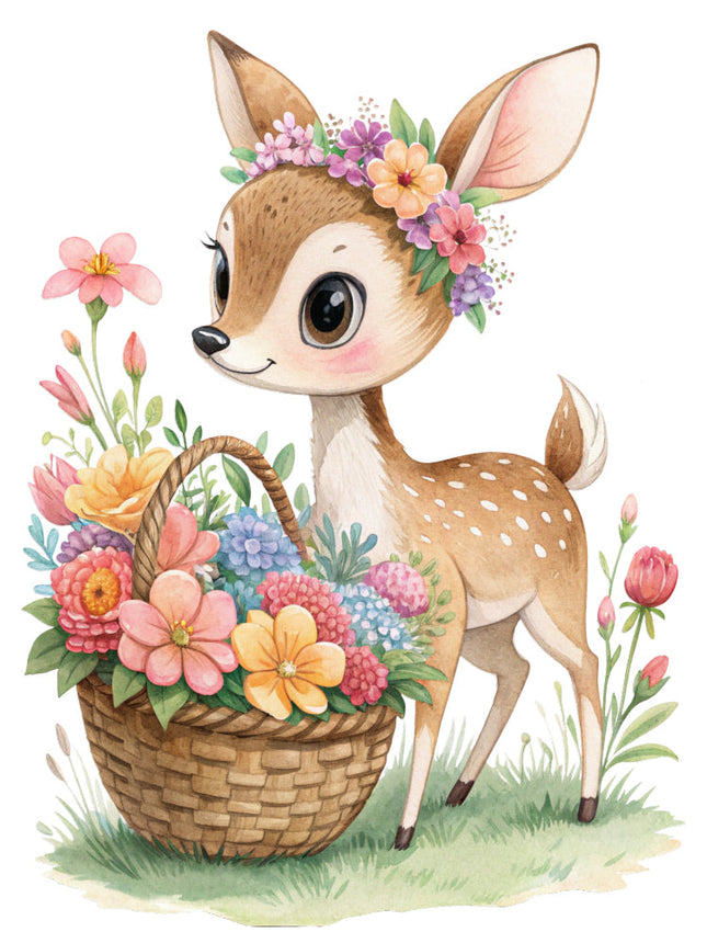 Deer with a flower crown and basket of flowers quilt block