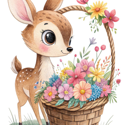 deer with a basket of flowers fabric panel