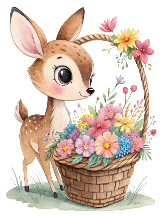 deer with a basket of flowers fabric panel