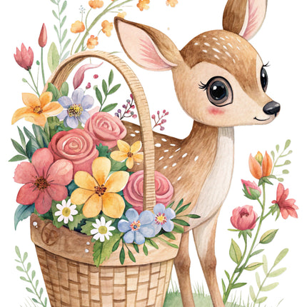 deer with a basket of flowers fabric panel