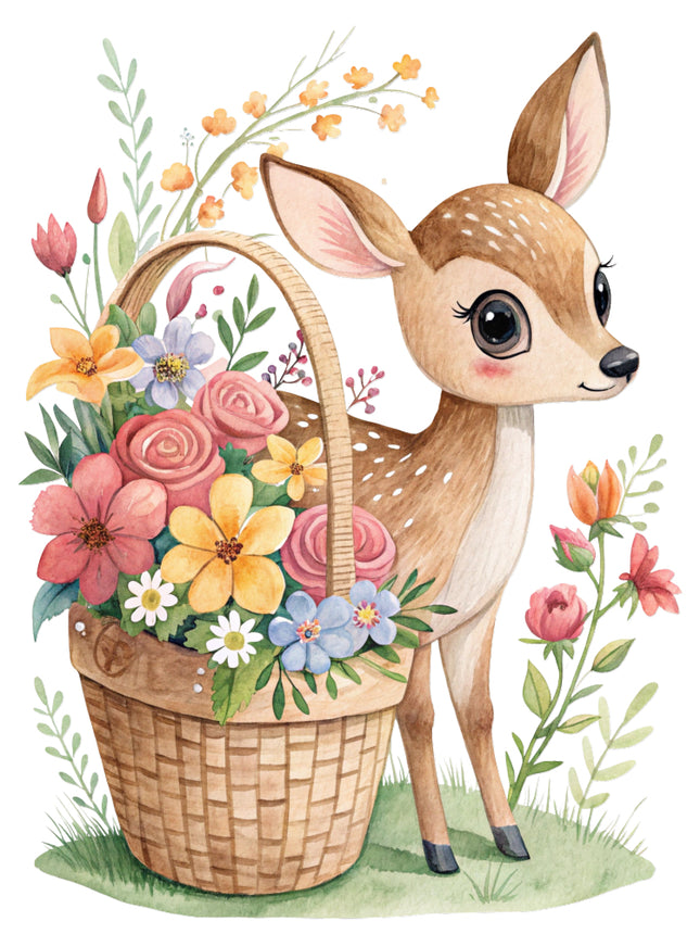 deer with a basket of flowers fabric panel