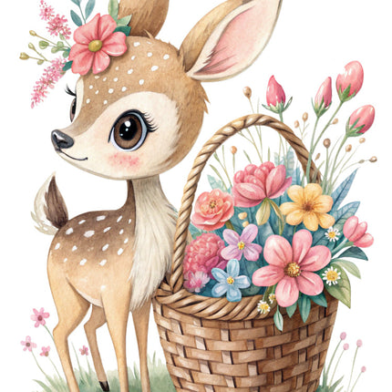 deer with a basket of flowers fabric panel