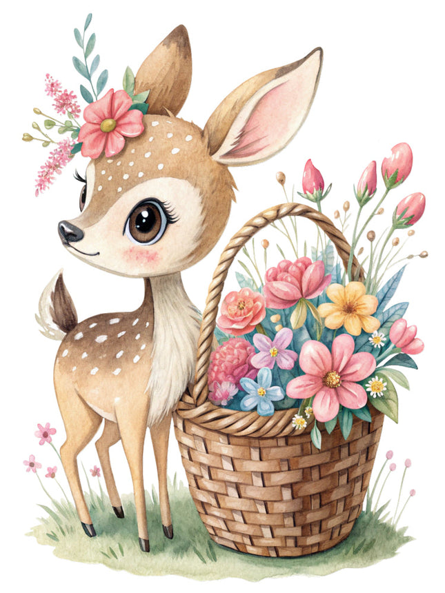 deer with a basket of flowers fabric panel