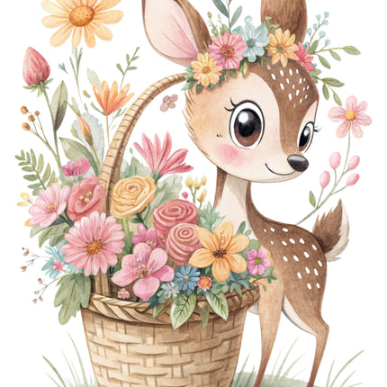 deer with a basket of flowers fabric panel