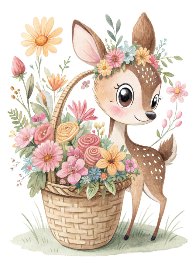 deer with a basket of flowers fabric panel