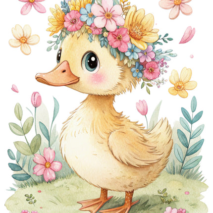 duck with a floral headband quilt block