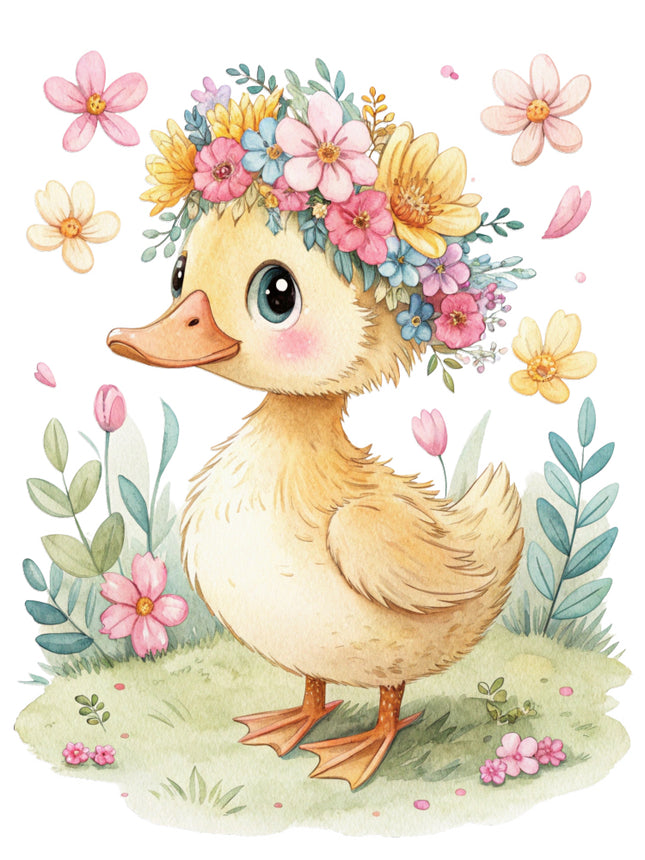 duck with a floral headband quilt block