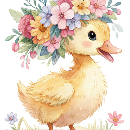 duck with a floral headband quilt block