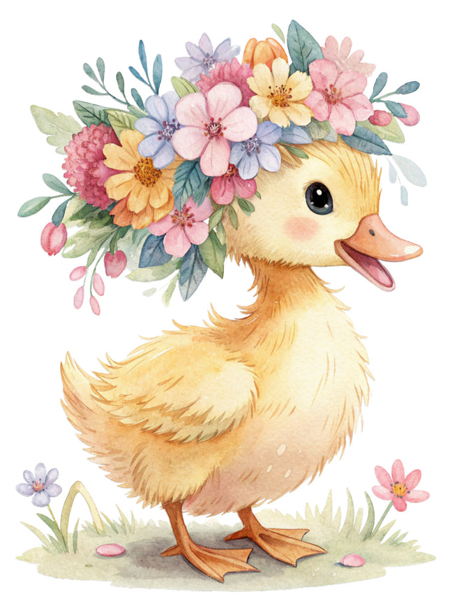 duck with a floral headband quilt block