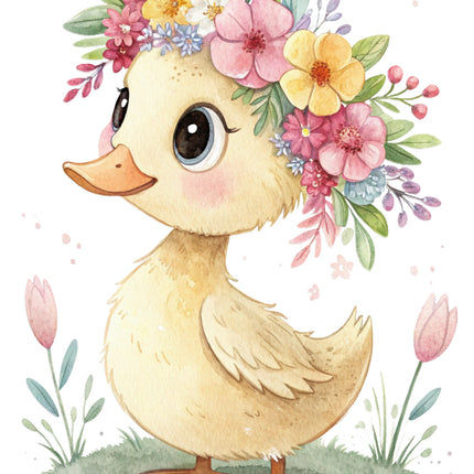 duck with a floral headband quilt block