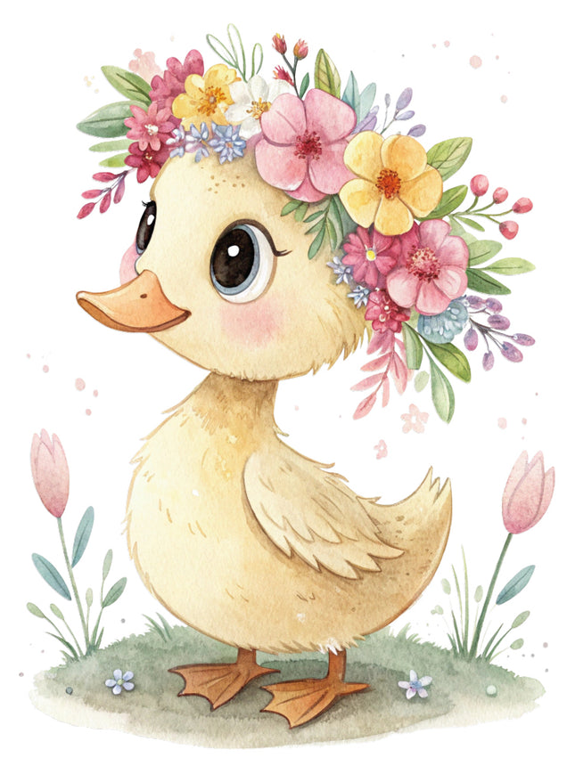 duck with a floral headband quilt block