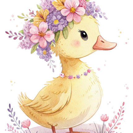 duck with a floral headband quilt block