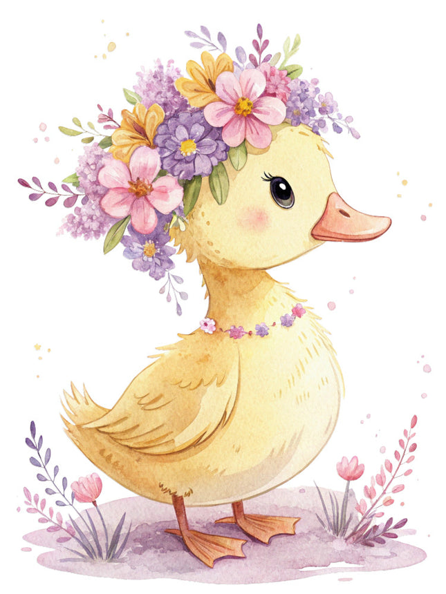 duck with a floral headband quilt block