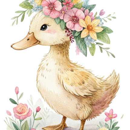 duckling with a floral headband quilt block