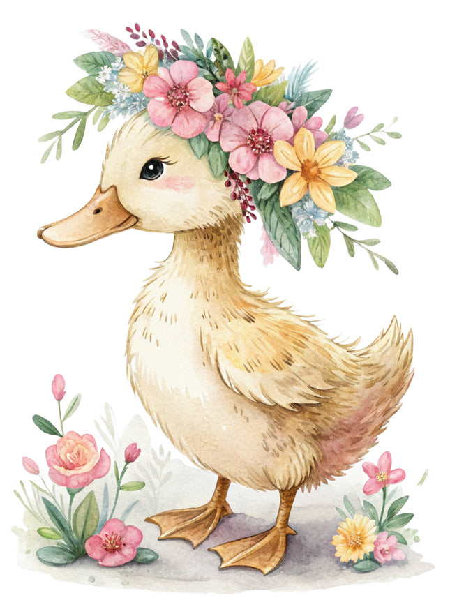 duckling with a floral headband quilt block