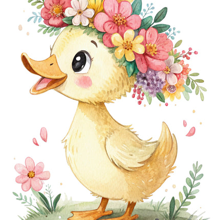 duckling with a floral headband quilt block