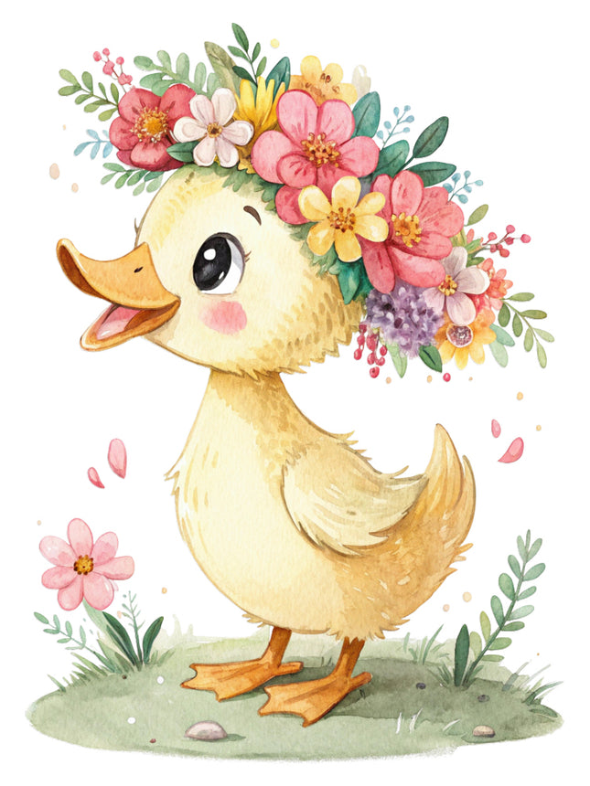 duckling with a floral headband quilt block