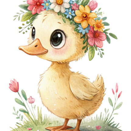duckling with a floral headband quilt block