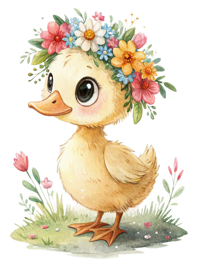 duckling with a floral headband quilt block