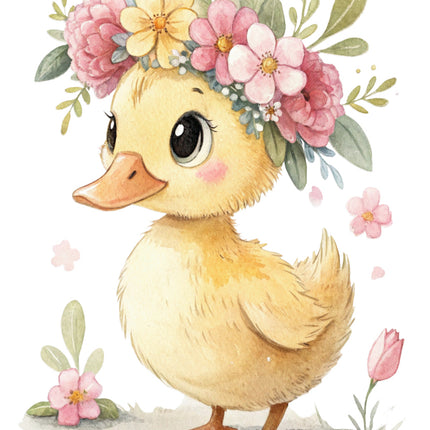 duck with a floral headband quilt block
