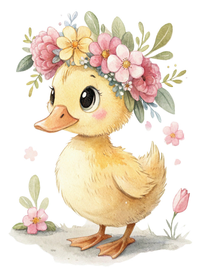 duck with a floral headband quilt block