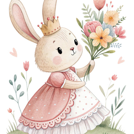 bunny in a pink dress surrounded by flowers and leaves fabric panel