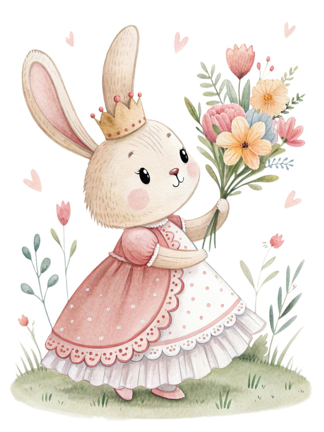 bunny in a pink dress surrounded by flowers and leaves fabric panel