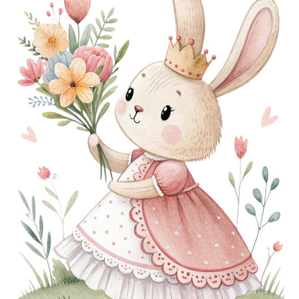 chic bunny in a pink dress surrounded by flowers quilt block
