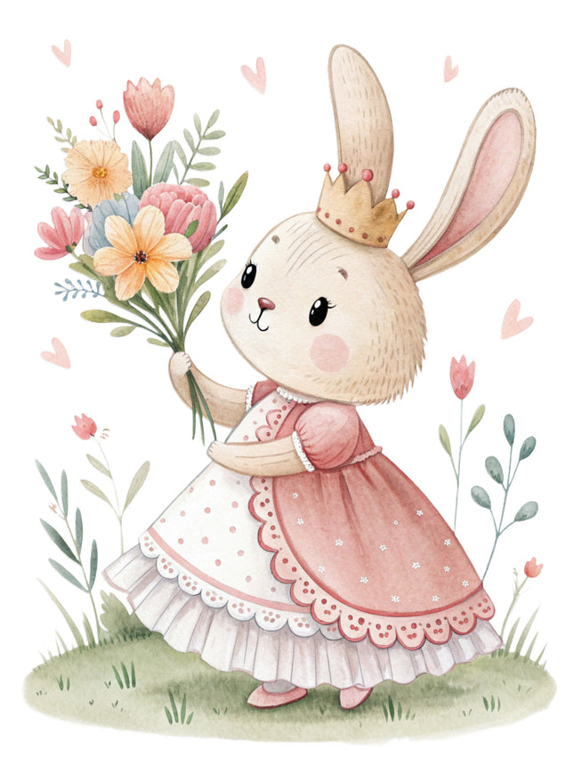 chic bunny in a pink dress surrounded by flowers quilt block