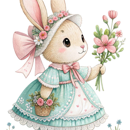 bunny in a dress surrounded by flowers and leaves fabric panel