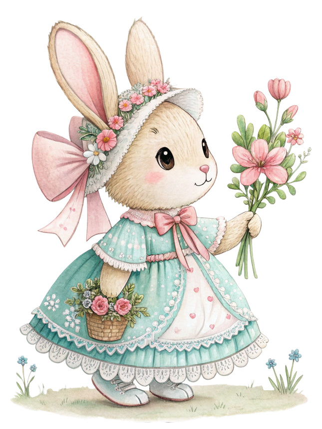 bunny in a dress surrounded by flowers and leaves fabric panel