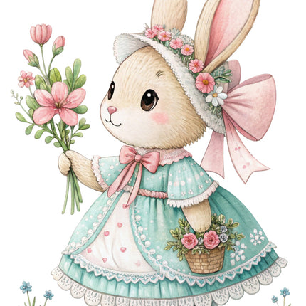 chic bunny in a pink dress surrounded by flowers quilt block