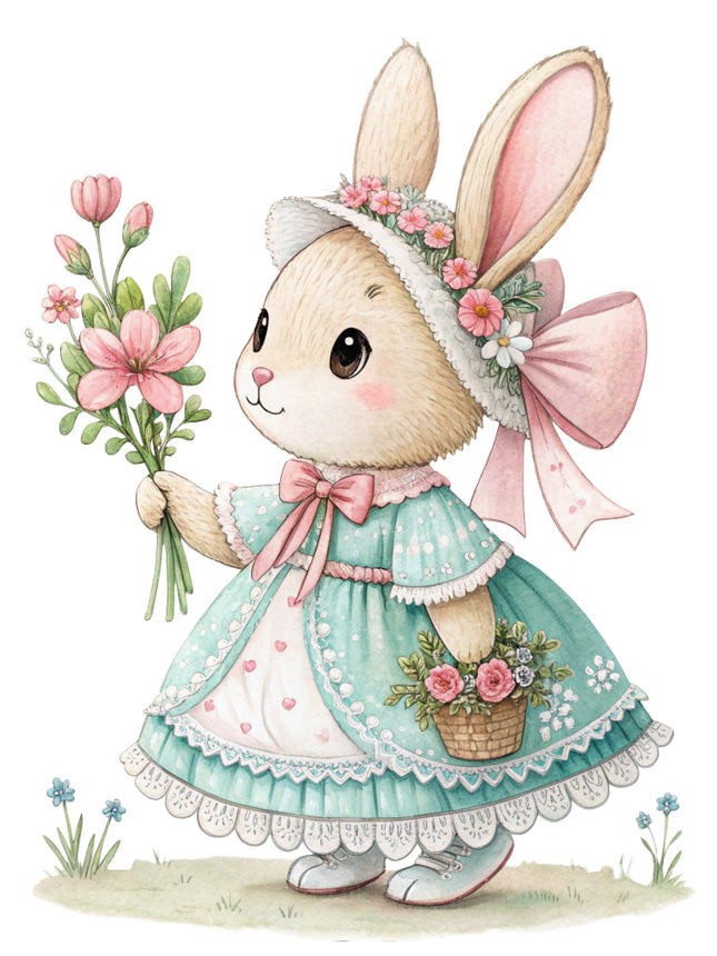 chic bunny in a pink dress surrounded by flowers quilt block
