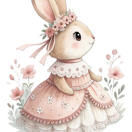 bunny in a pink dress surrounded by flowers and leaves fabric panel