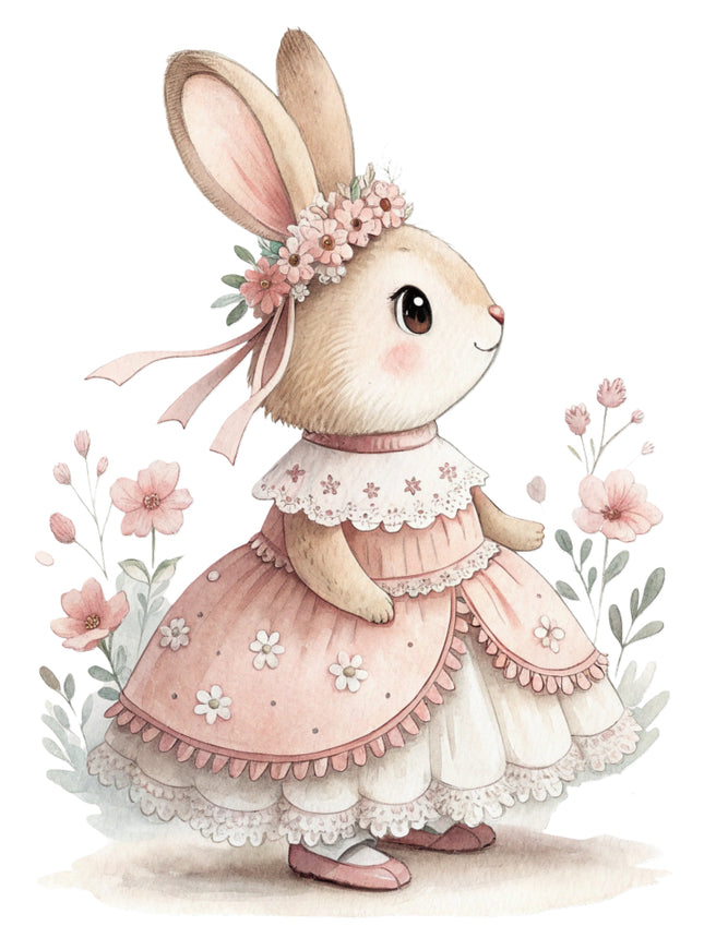 bunny in a pink dress surrounded by flowers and leaves fabric panel