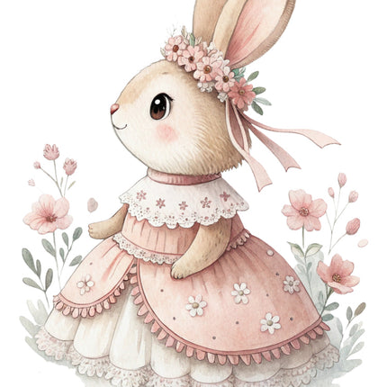 chic bunny in a pink dress surrounded by flowers quilt block