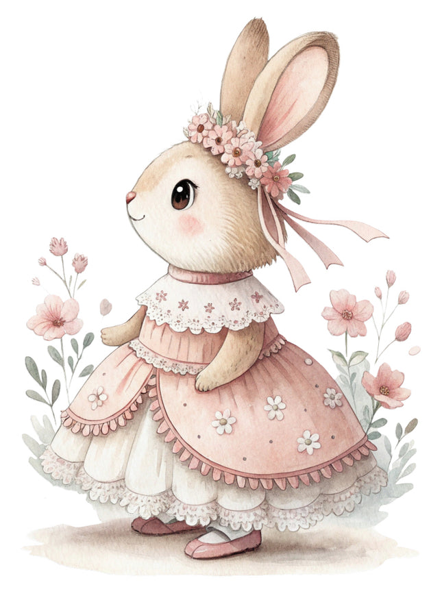 chic bunny in a pink dress surrounded by flowers quilt block