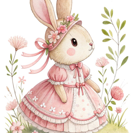 bunny in a pink dress surrounded by flowers and leaves fabric panel