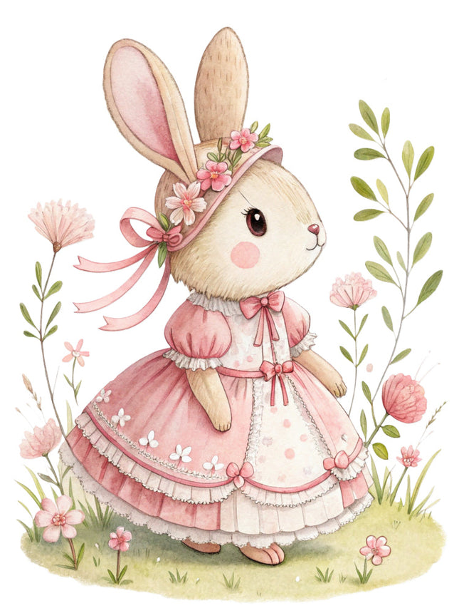 bunny in a pink dress surrounded by flowers and leaves fabric panel
