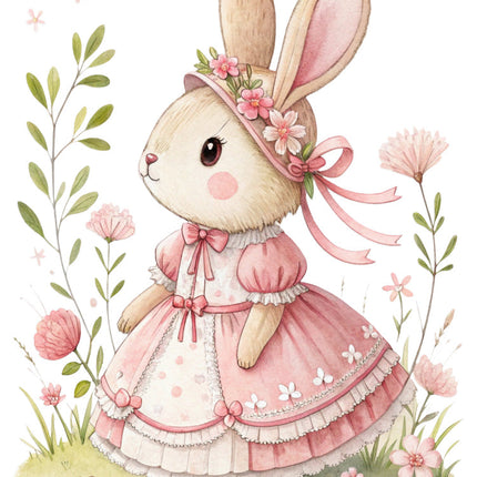 bunny in a pink dress surrounded by flowers quilt block