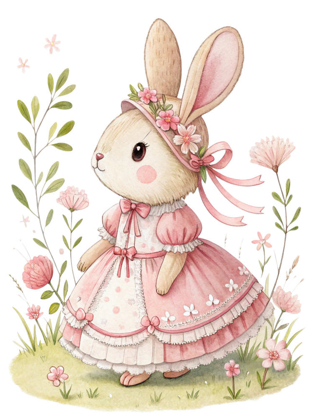 bunny in a pink dress surrounded by flowers quilt block